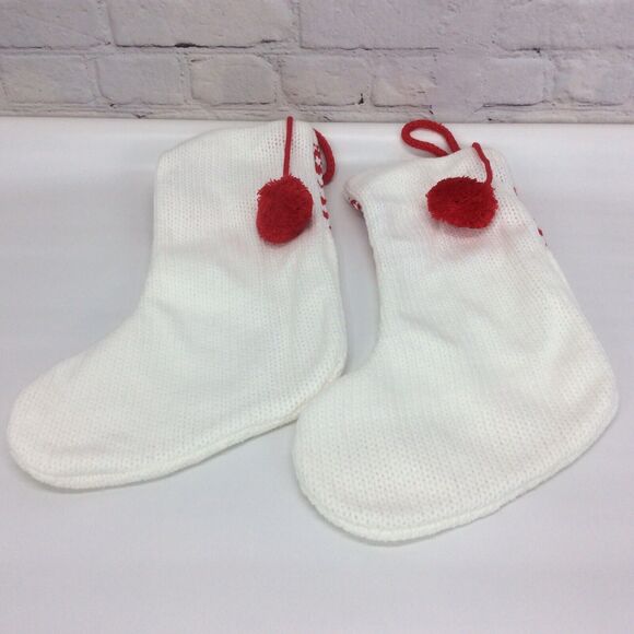 Farmhouse Christmas Stocking Knit Fair Isle Pattern w/PomPoms White/Red/Gray (2) - Picture 4 of 4